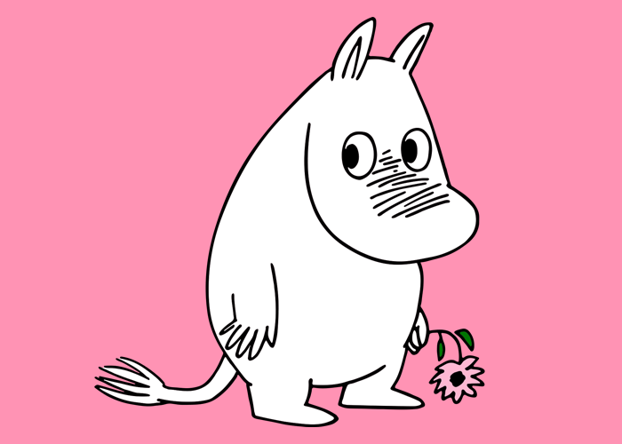 Mummitrollet står stille og holder en blomst