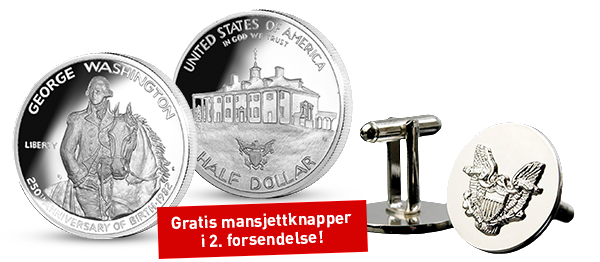 halv dollar i sølv med bilde av George Washington, USAs første president