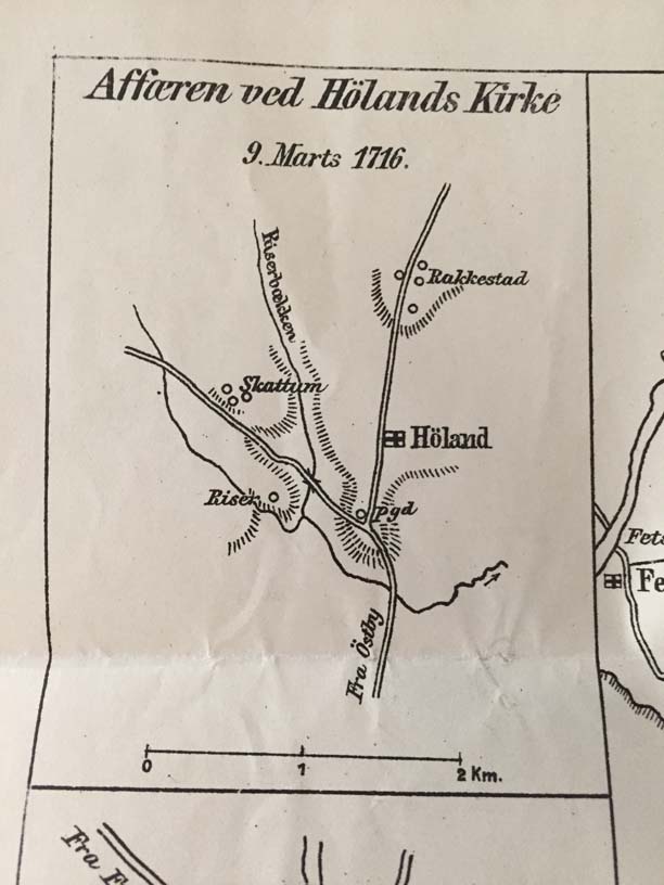 Kartutsnitt over affæren ved Høland kirke 9. ars 1716.