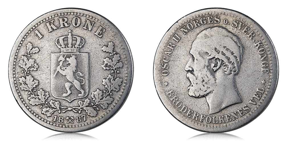 1 kroner 1887 advers og revers side