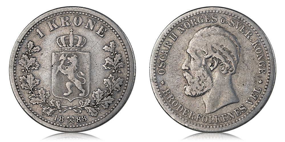 1 krone 1888 advers og revers side