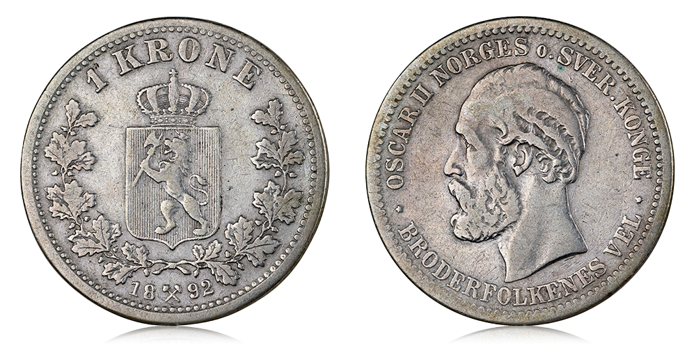 1 krone 1892 advers og revers
