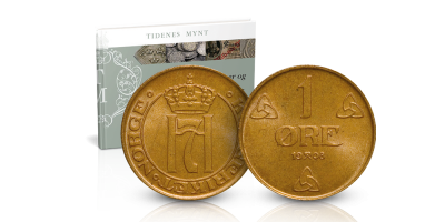 1 øre 1908 - Kong Haakon VIIs første bronsemynt symboler fra vikingtiden