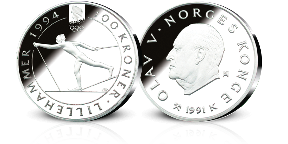 100 kroner 1991 med portrett av Kong Olav i profil og randteksten Olav V Korges konge 1991 på advers side og motiv av en langrennsløper og randskriften 100 kroner lillehammer 1994 på revers side