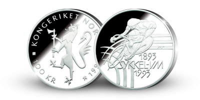 Sykkel VM Banesykling - 100 kroner sølv - utgitt i 1993 Sykkel VM Banesykling - 100 kroner sølv - utgitt i 1993