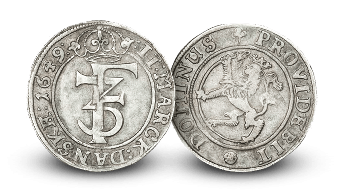 Kong Frederik IIIs første 2 mark i sølv
