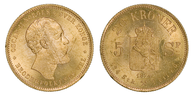  20 kroner / 5 spesiedaler gull - utgitt 1874