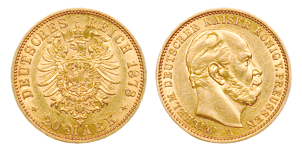 20 Reichmark i gull fra Keiser Wilhelm I utgitt i perioden 1871-1888