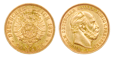 20 Reichmark gull - utgitt i 1871-88 av Keiser Wilhelm I