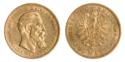 20 Reichsmark gull - utgitt i 1888 av Keiser Frederik III