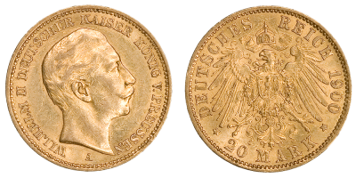 20 Reichsmark gull - utgitt i 1890-1913 av Keiser Wilhelm II