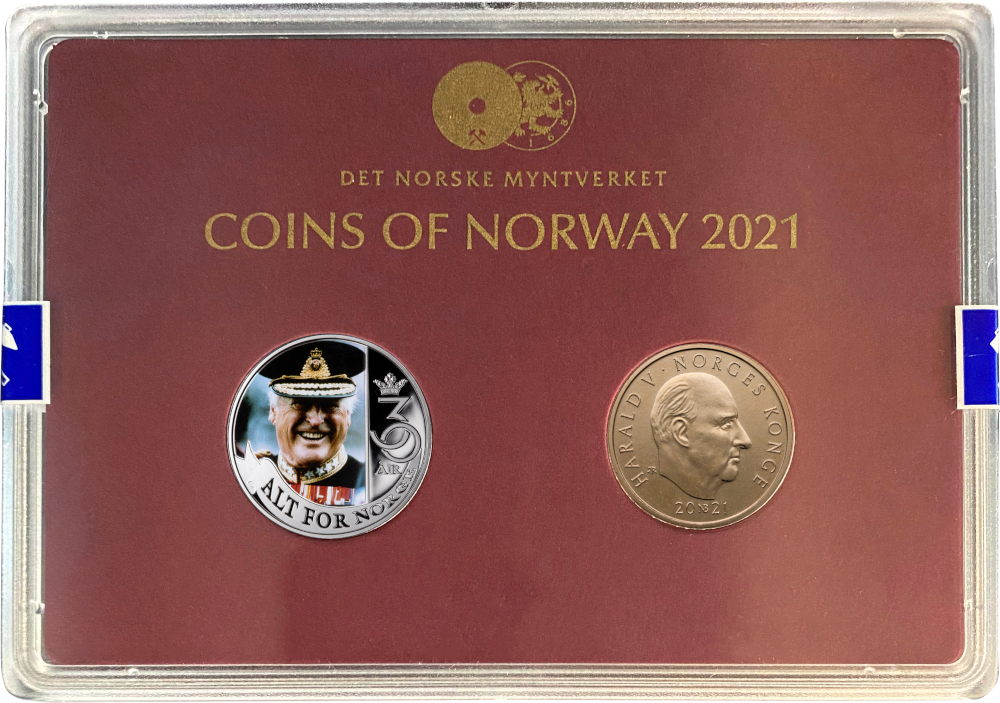 Klassisk årssett 2021, 20 kr med spesialpreg og årets årsmedalje Klassisk årssett 2021, 20 kr med spesialpreg og årets årsmedalje