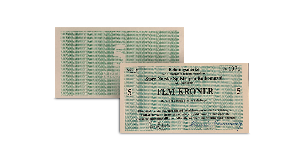 5 kroner utgitt av Store norske spitbergen kullkompani