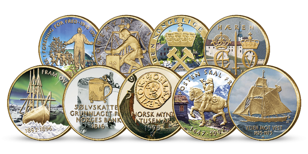 5-kronesett 9 stk jubileumsmynter 5-kronesett 9 stk jubileumsmynter