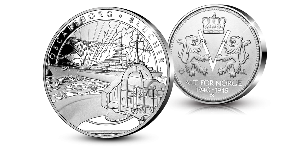 Forside og bakside av medaljen «Oscarsborg 1940 – Senkingen av Blucher»
