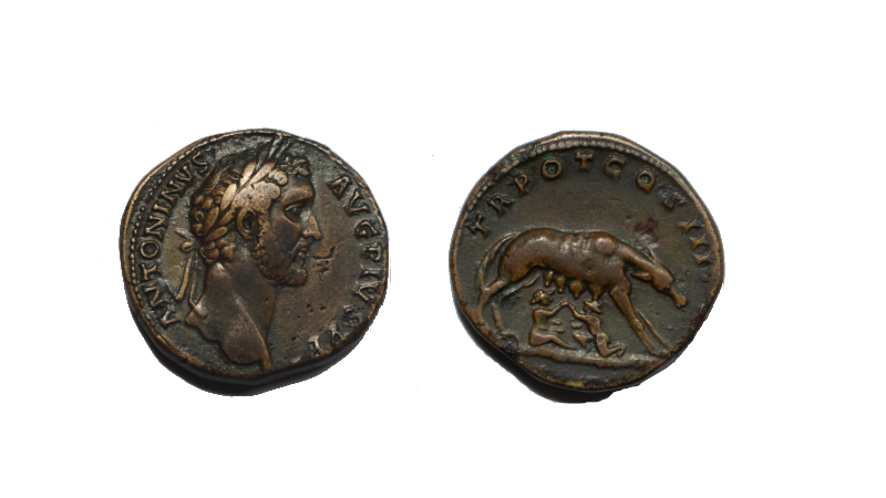 Antoninius Pius sestertius i bronse med Romulus og Remus Antoninius Pius sestertius i bronse med Romulus og Remus