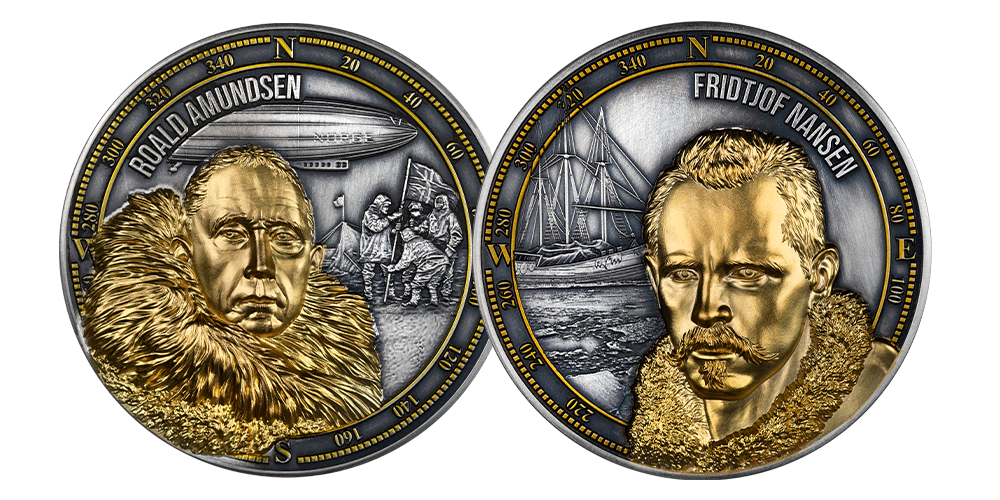 Nansen og Amundsen på massive sølvmynter
