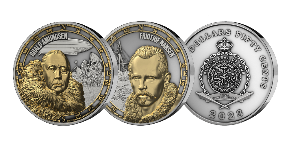 Massive minnemynter i sølv hedrer Nansen og Amundsen