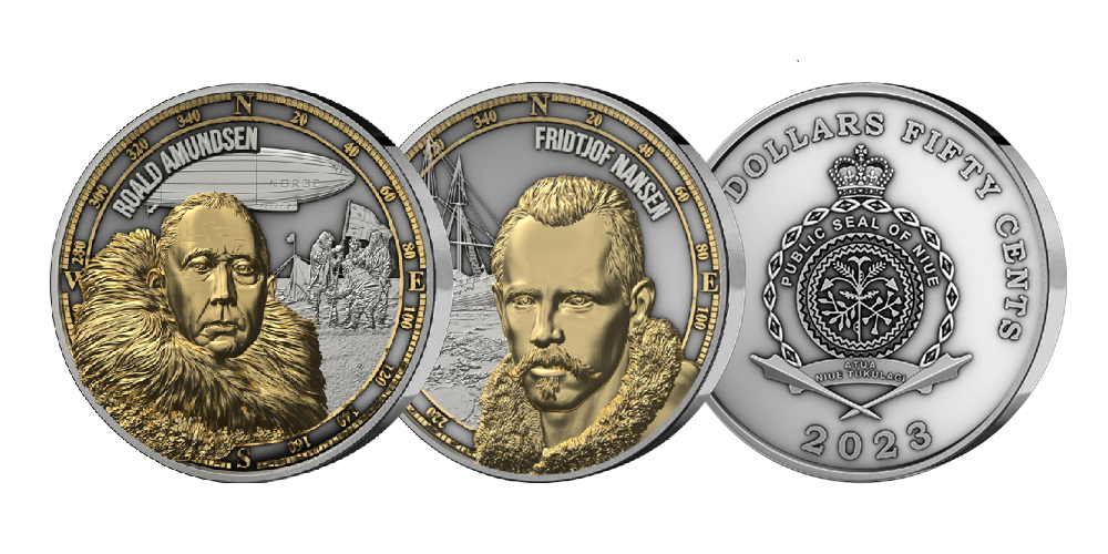 Massive minnemynter i sølv hedrer Nansen og Amundsen Massive minnemynter i sølv hedrer Nansen og Amundsen