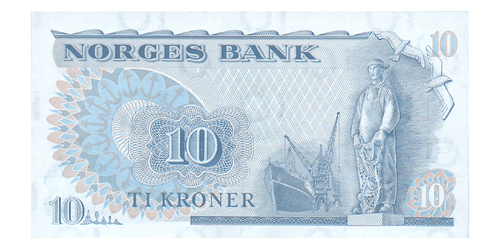 Baksiden av 10 kr 5. utgave med motiv av Fiskaren