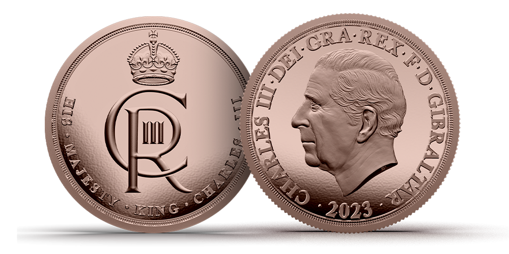 Advers og revers side av gullmynten som markerer Kong Charles 75 år Advers og revers side av gullmynten som markerer Kong Charles 75 år