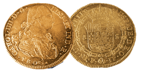 8 escudos 1792 - 1808 fra Colombia - en av verdens største gullmynter! 8 escudos 1792 - 1808 fra Colombia - en av verdens største gullmynter!