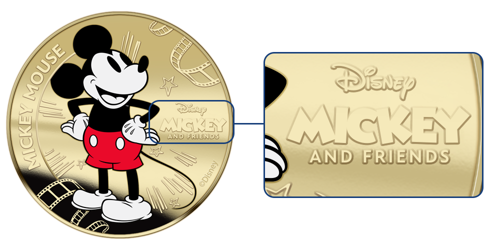 Nærbilde av Mikke Mus-mynten med Disney-logo