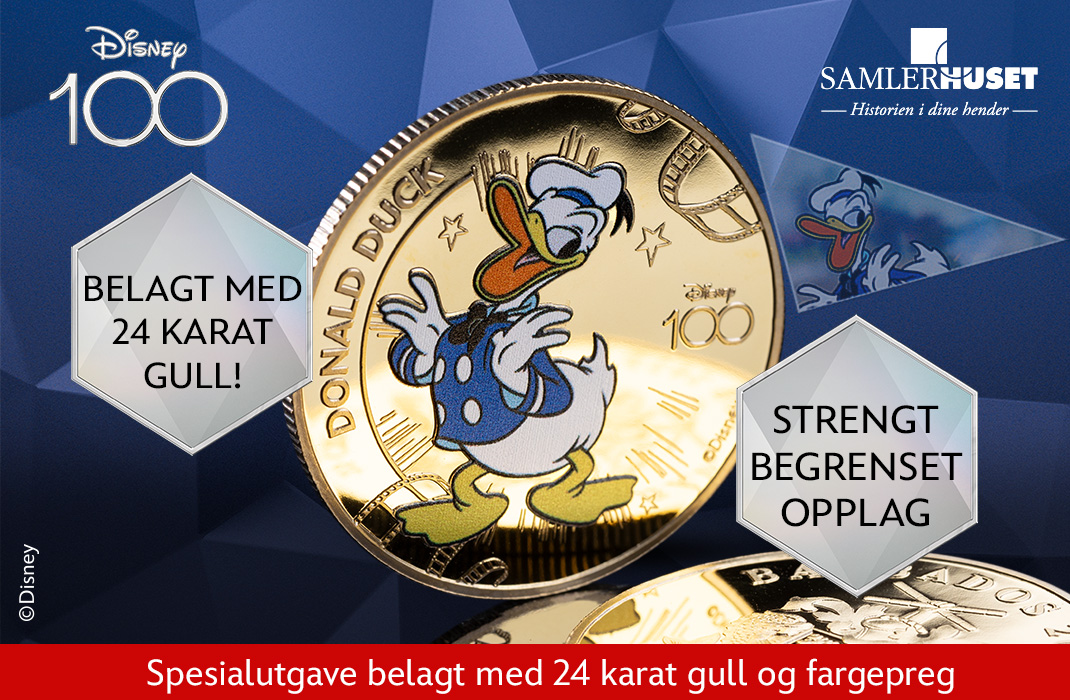 Gullbelagt disneymynt med motiv av Disney Donald Duck