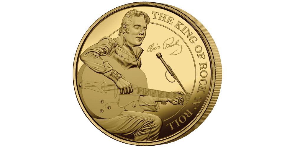 Offisiell gullbelagt Elvis Presley minnemynt viser motiv av kongen av rock n' roll