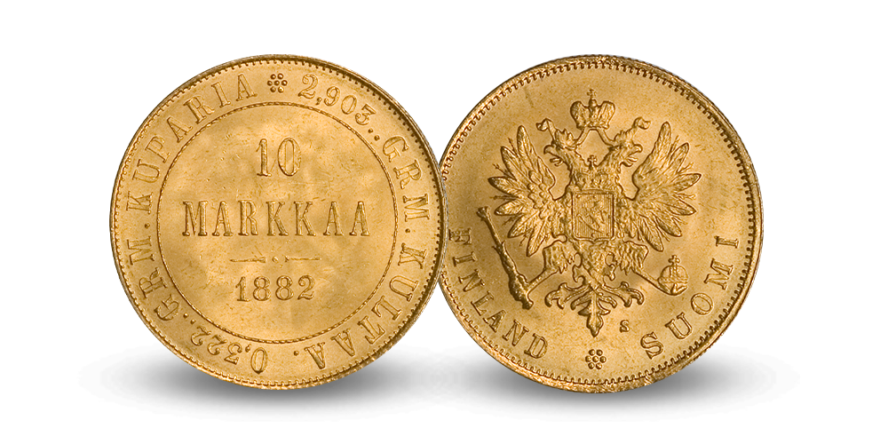 Finsk 10 markkaa i gull fra 1882