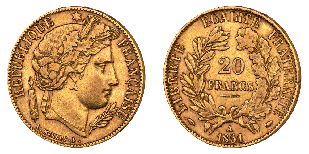 20 franc Ceres II 1851 advers og revers