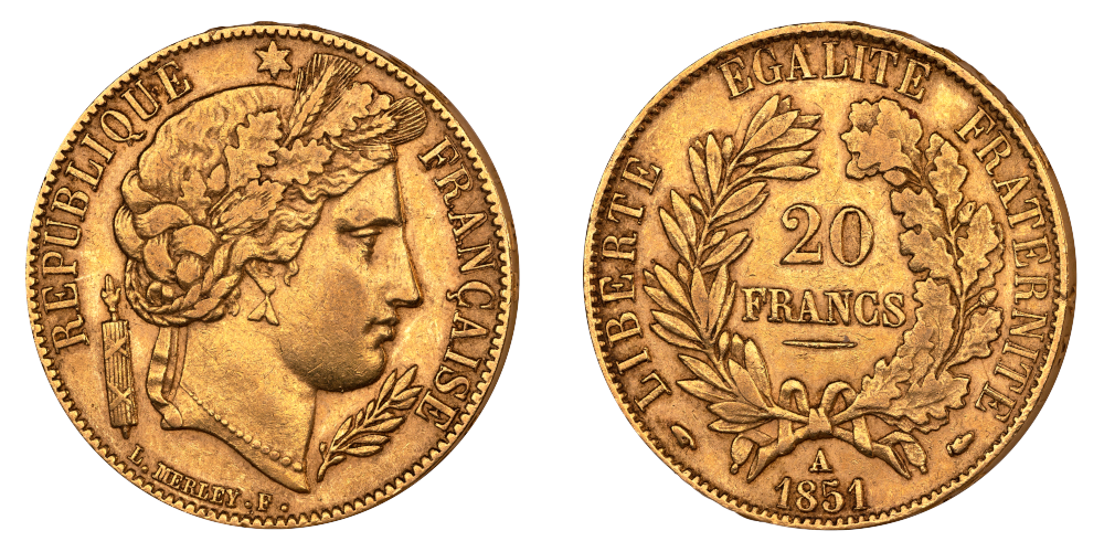 20 franc Ceres II 1851 advers og revers 20 franc Ceres II 1851 advers og revers