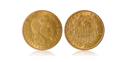Napoleon III siste 5 franc gullmynt - utgitt 1862-69 med laurbærkrans 