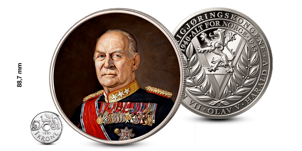Kong Olav gigant sammenliget med en 1 krone