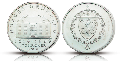 Grunnloven 175 år - 175 kroner sølv - utgitt 1989 Grunnloven 175 år - 175 kroner sølv - utgitt 1989