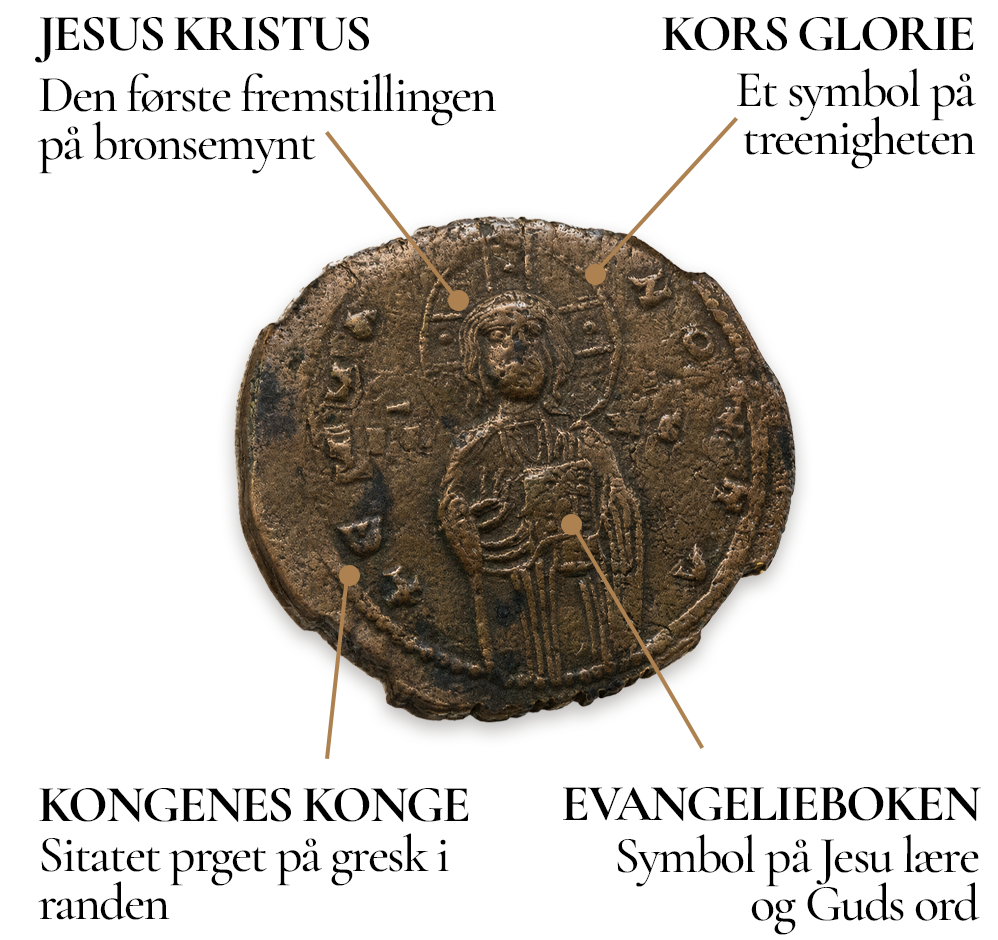 Forklaring av Jesus-motivet, korsglorien og evangelieboken på bronsemynten