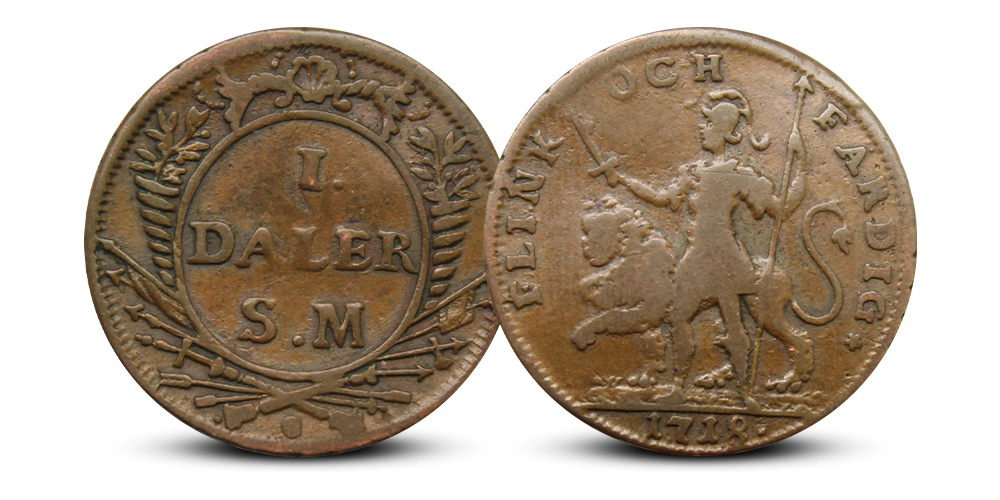 1 daler silvermynt 1718 - Flink och Fårdig advers og rever