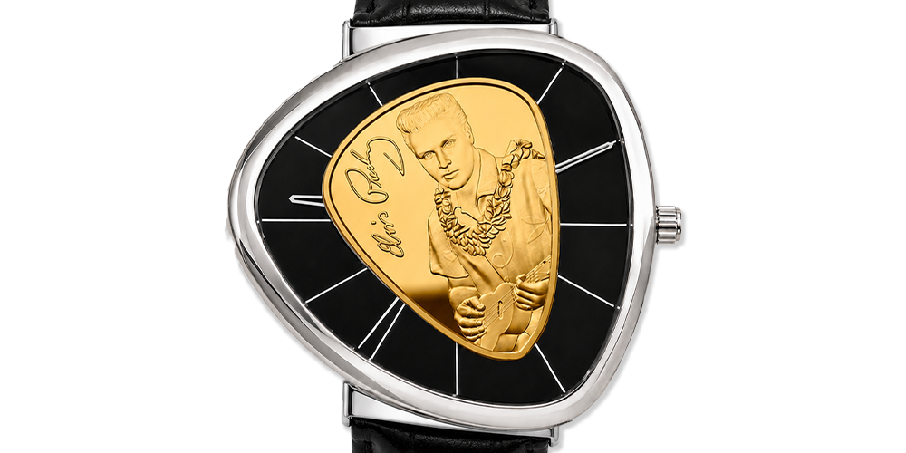 Verdens f&oslash;rste Elvis Presley plektrum-myntklokke