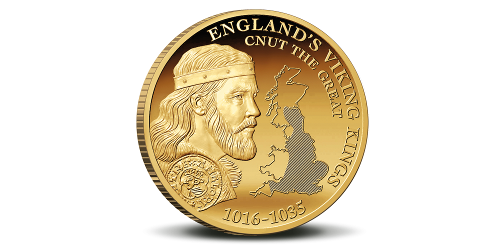 Kong Knut den mektige og england sett fra verdensrommet på gullmynt Kong Knut den mektige og england sett fra verdensrommet på gullmynt
