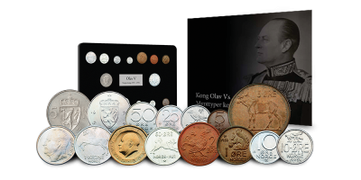 Komplettsett med kong Olav Vs mynttyper!