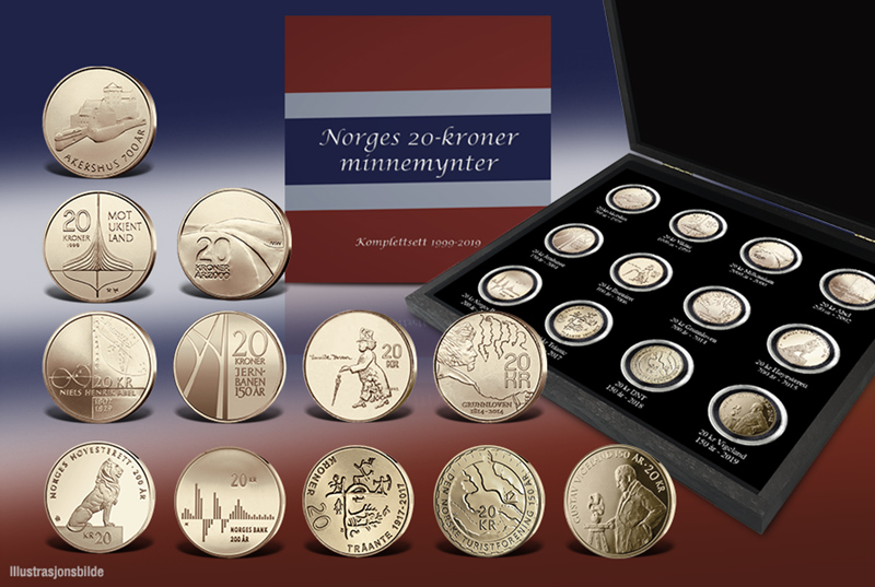 Komplett sett Norges 20-kroner med spesialpreg - utgitt 1996 til 2019