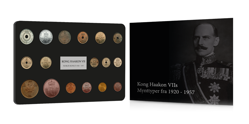 Komplett sett med Kong Haakon VIIs mynttyper fra 1920 - 1957
