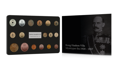 Komplett sett med Kong Haakon VIIs mynttyper fra 1920 - 1957