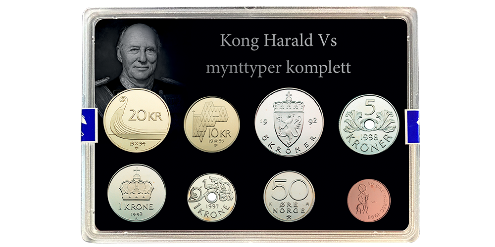 Komplettsett med kong Harald Vs mynttyper
