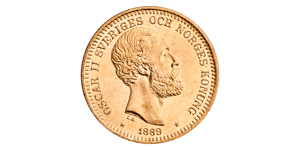 Advers side av Oscar II 20-kroner i gull fra 1889