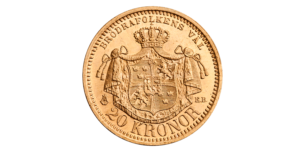 Revers side av Oscar II 20-kroner i gull fra 1889