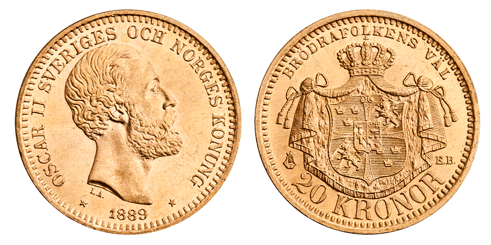Oscar II 20-kroner i gull fra 1889