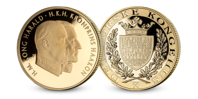 Kong Harald og Kronprins Haakon på minnemedalje i gull