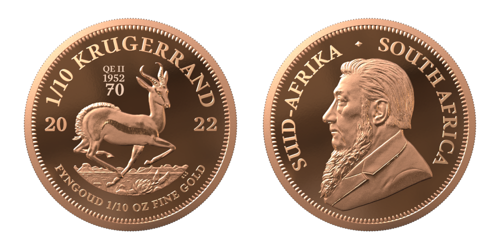 Krugerand 2022 advers og revers - Markerer platinajubileum for Queen Elizabeth II, eksklkusiv for samlerhuset Krugerand 2022 advers og revers - Markerer platinajubileum for Queen Elizabeth II, eksklkusiv for samlerhuset
