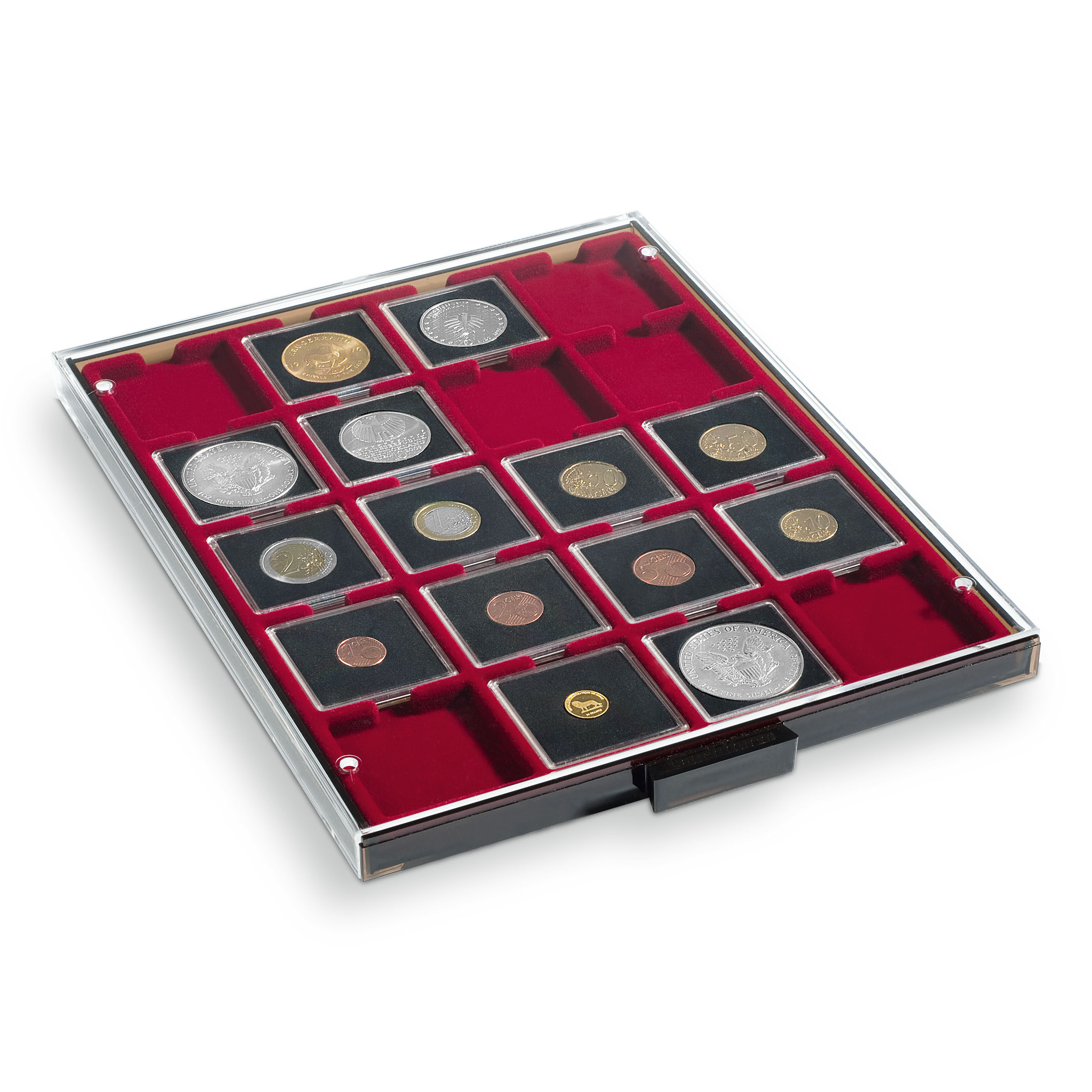   Myntboks med rødt innlegg med plass til 20 myntrammer eller holdere